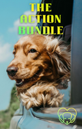 Dog with head out of car window, 'The Action Bundle' text above, green heart logo at bottom.