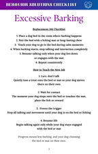 Behavior Solutions Checklist for Excessive Barking with text and a logo at the top.