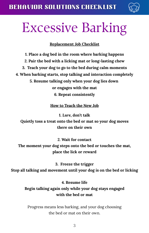 Behavior Solutions Checklist for Excessive Barking with text and a logo at the top.