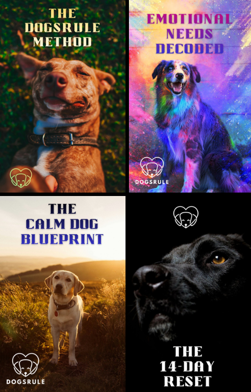 Four book or program covers featuring dogs with text about 'The Dogrule Method', 'Emotional Needs Decoded', 'The Calm Dog Blueprint', and 'The 14-Day Reset'.