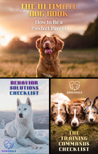 Collage of a dog book cover with a dog in a field, behavior solutions checklist, and training commands checklist.