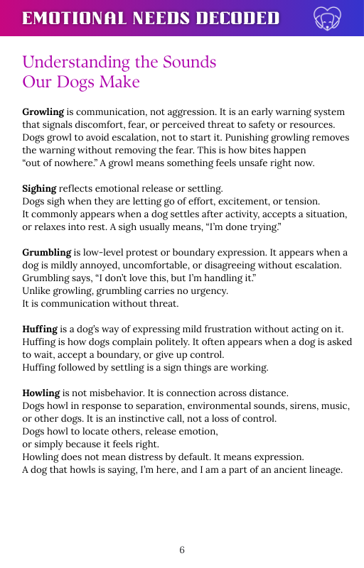 Sheet of paper with text explaining dog sounds and their meanings.