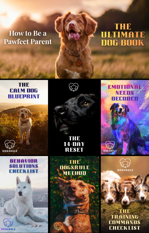 Collage of dog-themed book covers with a brown dog on a grassy field.