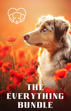 Dog in a field of red flowers with 'The Everything Bundle' text overlay.
