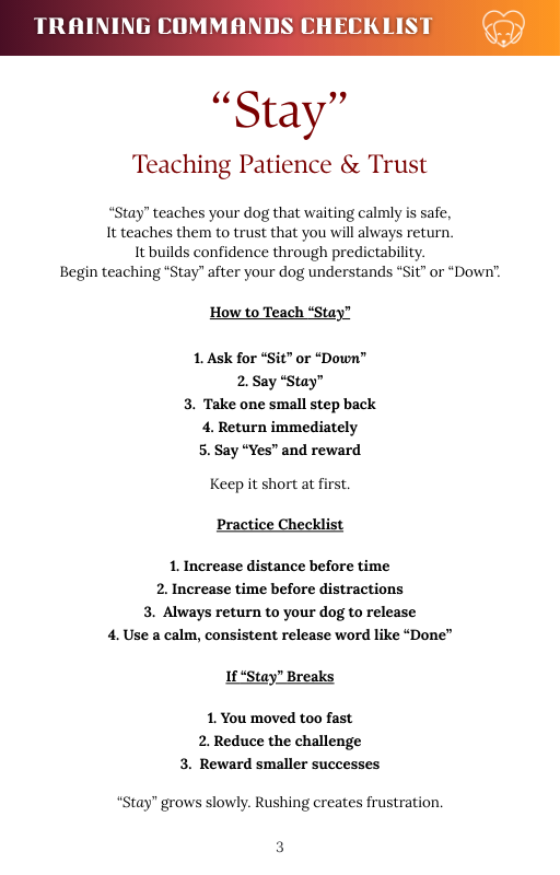 Sheet of paper with instructions on teaching a dog to 'Stay' with a checklist and guidelines.