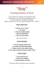 Sheet of paper with instructions on teaching a dog to 'Stay' with a checklist and guidelines.