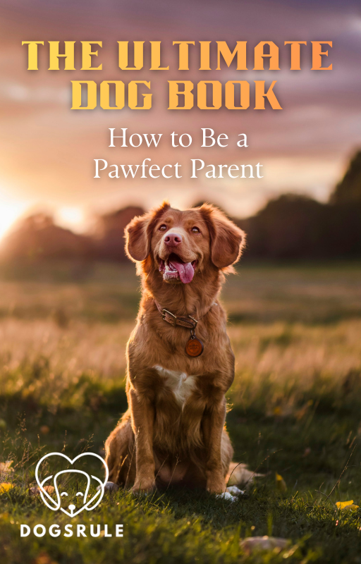 Dog sitting in a field with 'The Ultimate Dog Book' text overlay