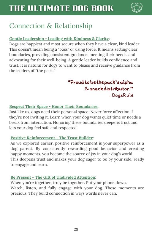 Page from a book titled 'The Ultimate Dog Book' with text on dog behavior and training.