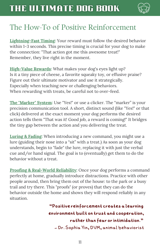 Page from 'The Ultimate Dog Book' on positive reinforcement techniques with text and a green border.