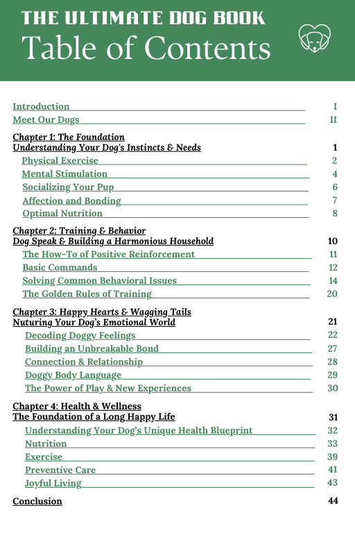 Table of contents for 'The Ultimate Dog Book' on a green background